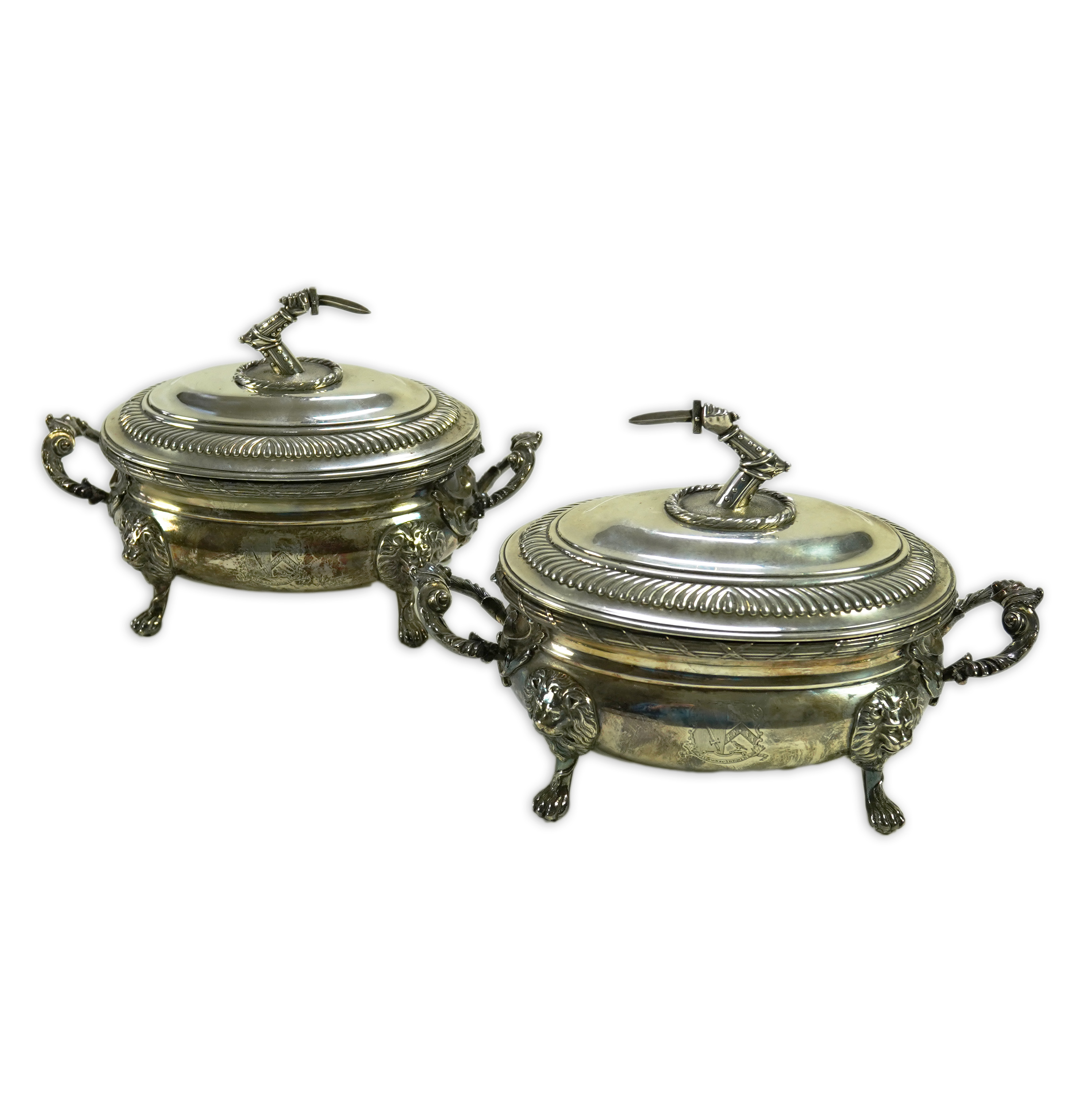 A pair of George III silver two handled oval sauce tureens and covers, by Robert Garrard I